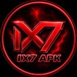 A IX7 glowing red circular logo featuring a bold metallic “IX7” in the center, surrounded by electric lightning effects, with the text “IX7 APK” below on a dark black background.